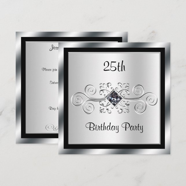Silver Swirls & Diamond 25th Birthday Party Invitation (Front/Back)