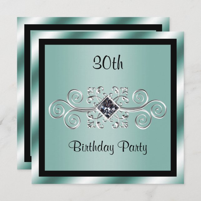 Silver Swirls & Diamond 30th Birthday Party Invitation (Front/Back)