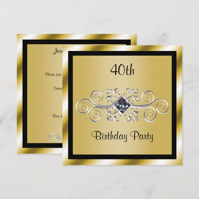Silver Swirls & Diamond 40th Birthday Party Invitation (Front/Back)