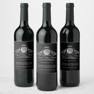Silver Swirls on black 25th Wedding Anniversary Wine Label