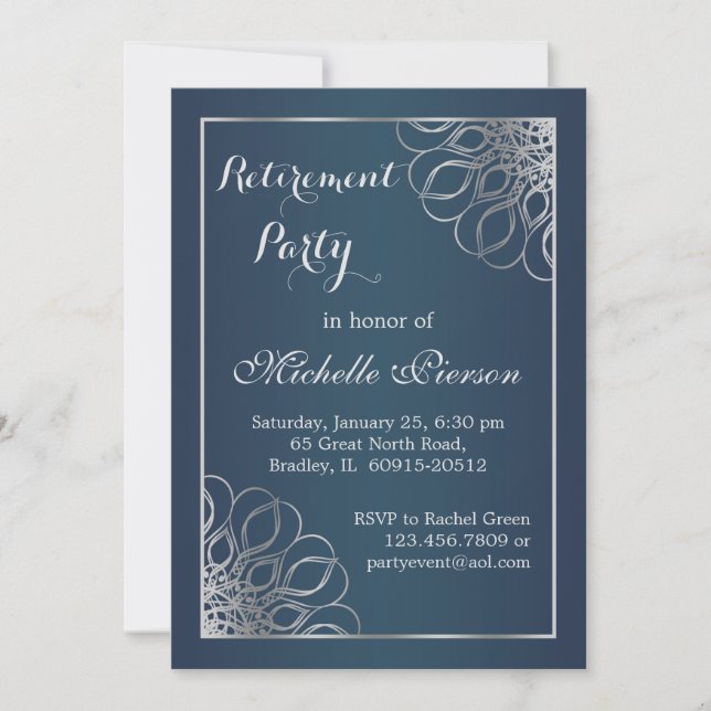 Silver swirls on midnight blue Retirement Party Invitation (Front)