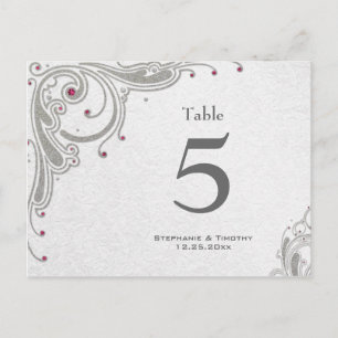 Silver swirls + pink jewels wedding table number postcard