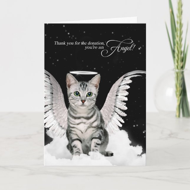 Silver Tabby Angel Cat Donation Thank You Card (Front)