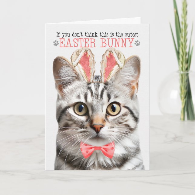 Silver Tabby Cat Cutest Easter Bunny Kitty Puns Holiday Card (Front)