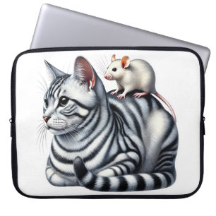 SILVER TABBY CAT WITH LITTLE WHITE MOUSE LAPTOP SLEEVE