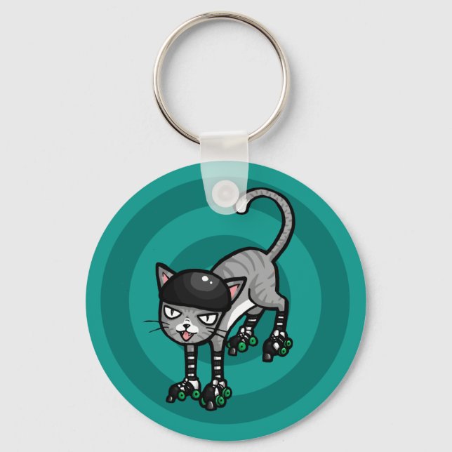 Silver Tabby on RollerSkates Key Ring (Front)