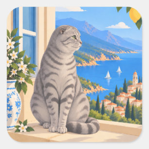 Silver Tabby Scottish Fold Cat Square Sticker