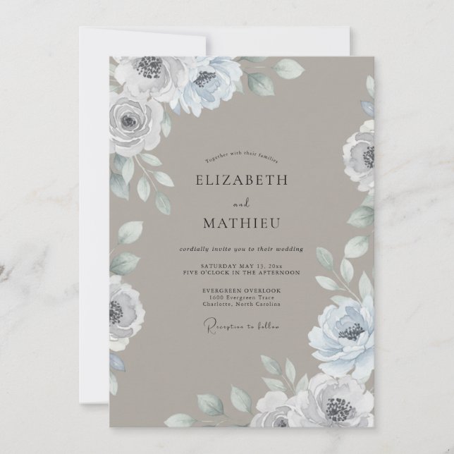 Silver Taupe Ranunculus Eucalyptus Wedding Invitation (Front)