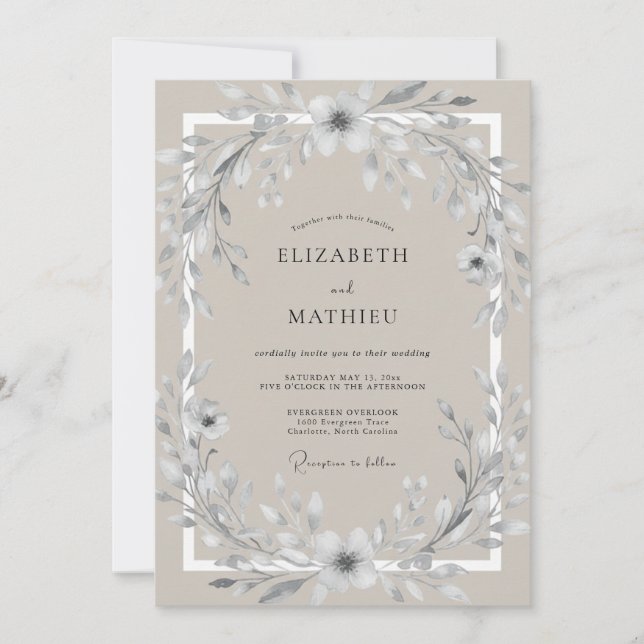 Silver Taupe Wreath Wedding Invitation (Front)