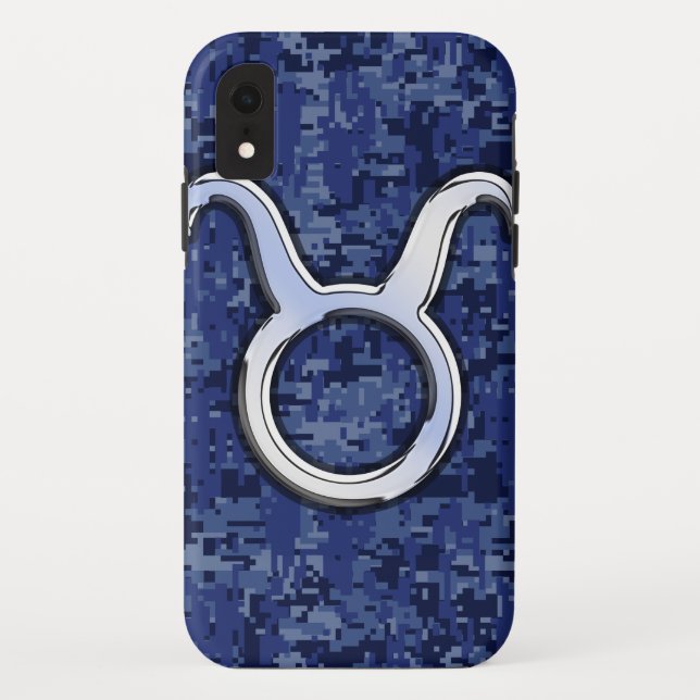 Silver Taurus Zodiac Sign Navy Blue Digital Camo Case-Mate iPhone Case (Back)
