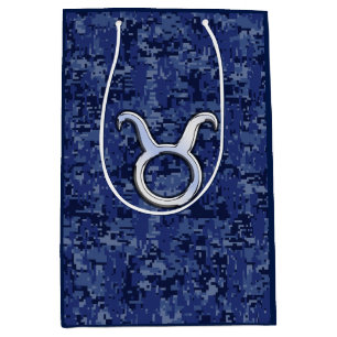 Silver Taurus Zodiac Sign Navy Blue Digital Camo Medium Gift Bag