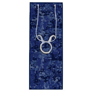 Silver Taurus Zodiac Sign Navy Blue Digital Camo Wine Gift Bag