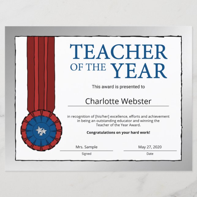 Silver Teacher of the Year Certificate Award (Front)