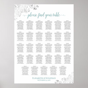 Silver & Teal 29 Table White Wedding Seating Chart