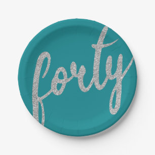 Silver Teal 40 Birthday Party Glitter "Forty" Paper Plate