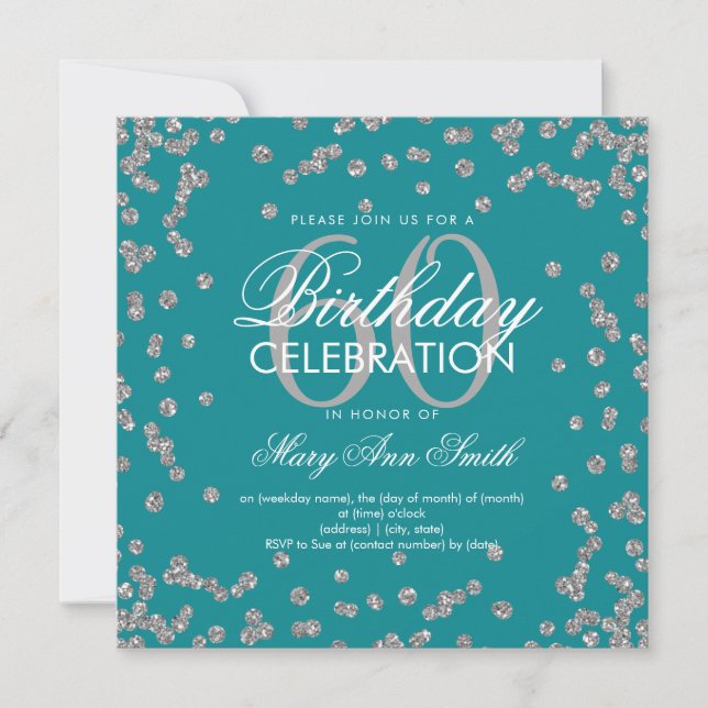 Silver Teal 60th Birthday Glitter Confetti Invitation (Front)
