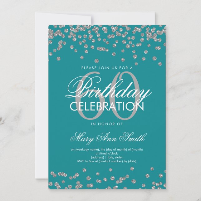 Silver Teal 60th Birthday Party Glitter Confetti Invitation (Front)