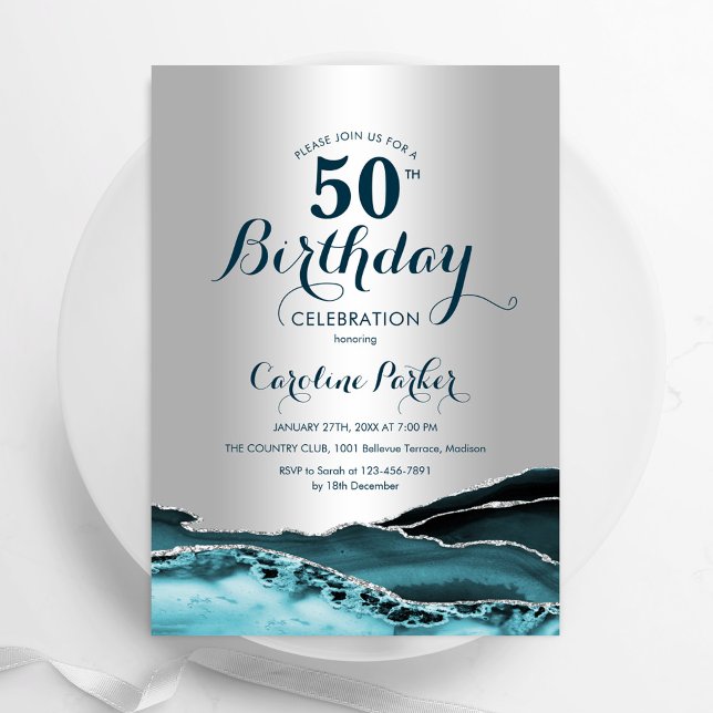 Silver Teal Agate 50th Birthday Invitation (Creator Uploaded)