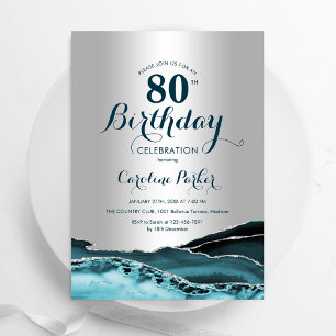 Silver Teal Agate 80th Birthday Invitation