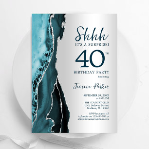 Silver Teal Agate Surprise 40th Birthday Invitation