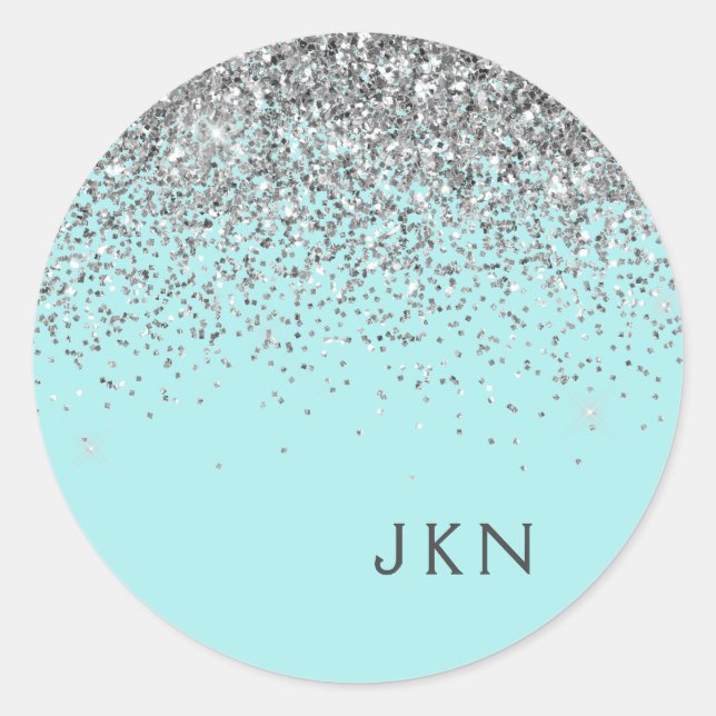 Silver Teal Aqua Blue Girly Glitter Monogram Classic Round Sticker (Front)