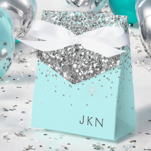 Silver Teal Aqua Blue Girly Glitter Monogram Favour Box