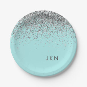 Silver Teal Aqua Blue Girly Glitter Monogram Paper Plate