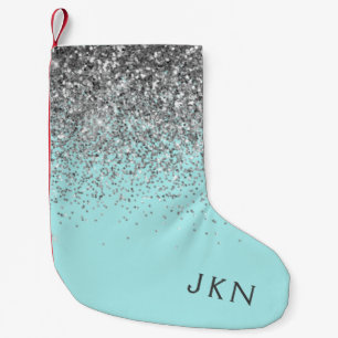 Silver Teal Aqua Blue Girly Glitter Monogram Small Christmas Stocking