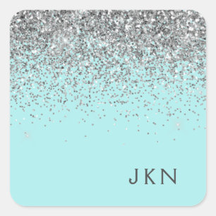 Silver Teal Aqua Blue Girly Glitter Monogram Square Sticker