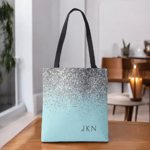 Silver Teal Aqua Blue Girly Glitter Monogram Tote Bag