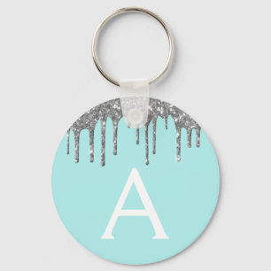 Silver Teal Aqua Blue Sparkly Glitter Monogram Key Ring