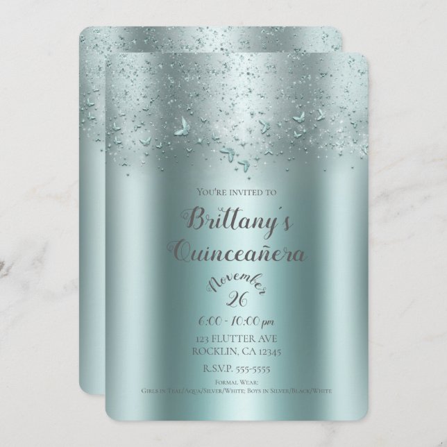 Silver Teal Aqua Flutter Butterfly Quinceañera Invitation (Front/Back)
