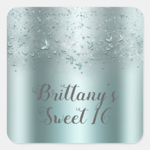 Silver Teal Aqua Flutter Butterfly Sweet 16 Party Square Sticker