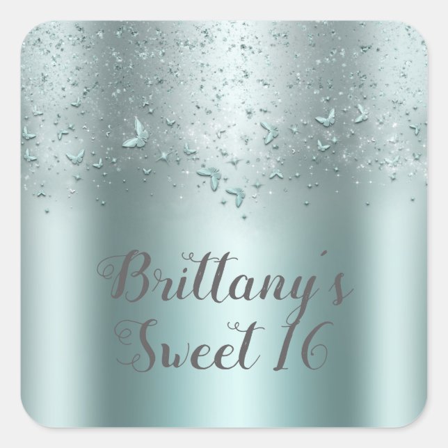 Silver Teal Aqua Flutter Butterfly Sweet 16 Party Square Sticker (Front)