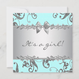 Silver Teal Blue Baby Girl Shower Invitation