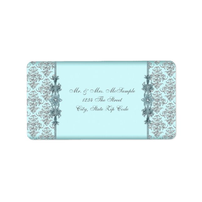 Silver Teal Blue Damask Address Labels (Front)