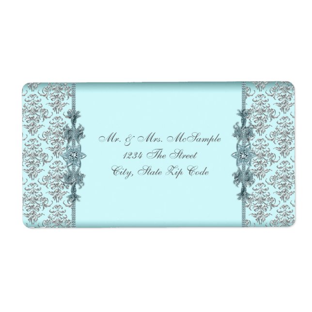 Silver Teal Blue Damask Address Labels (Front)