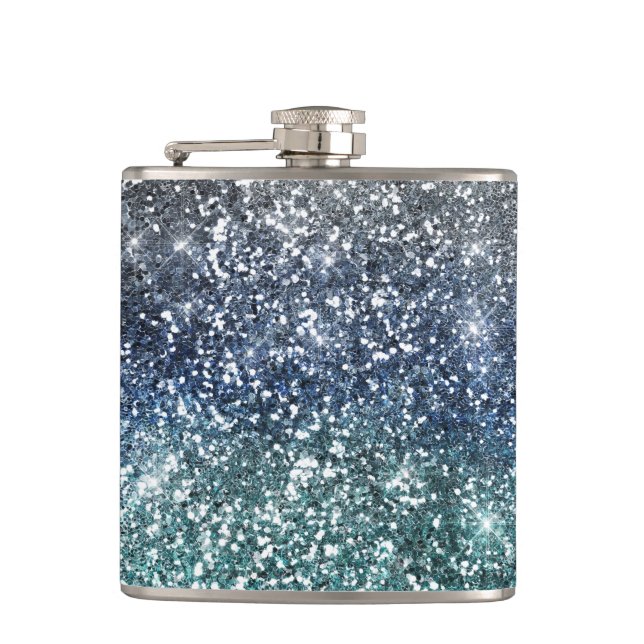 Silver Teal Blue Glitter Look Hip Flask (Front)