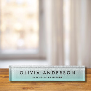 Silver teal blue green Glitter Ombre Name Desk Name Plate