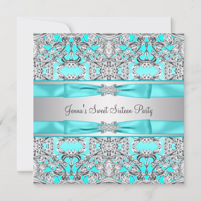 Silver Teal Blue Sweet Sixteen Party Invitation (Front)