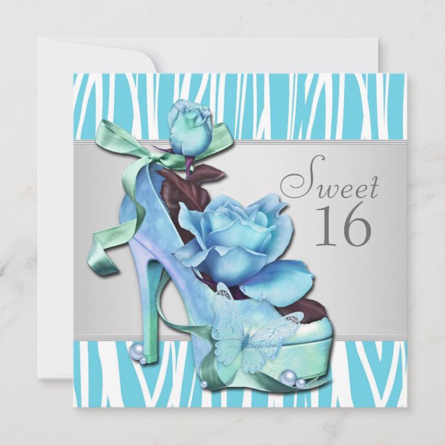 Silver Teal Blue Zebra Sweet 16 Birthday Party Invitation (Front)