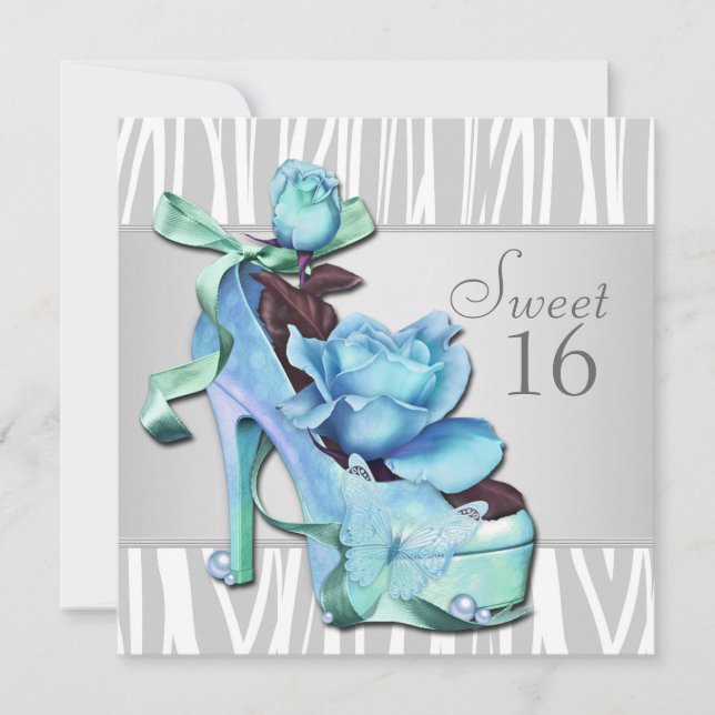 Silver Teal Blue Zebra Sweet 16 Birthday Party Invitation (Front)