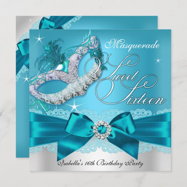 Silver Teal Bow Masquerade Sweet Sixteen Invite (Front/Back)
