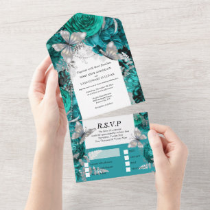 Silver teal butterfly chic shimmer glitter rose   all in one invitation