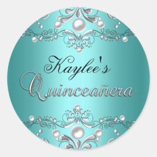 Silver & Teal Damask Pearl Quinceanera Sticker