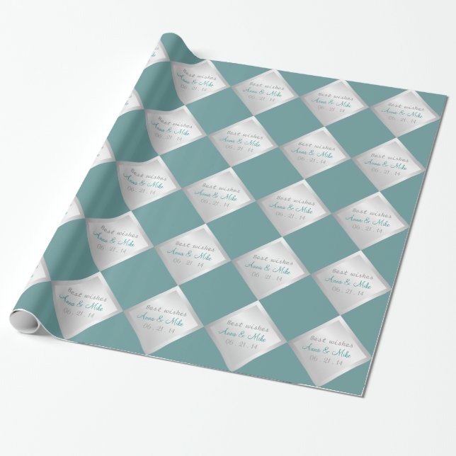 Silver Teal Diamond Wedding Gift Wrapping Paper (Unrolled)