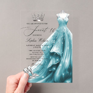 Silver Teal Dress Princess Sweet 16 Acrylic Invitations