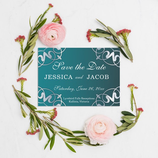 Silver & Teal Filigree Cutout Luxury Frame Wedding Save The Date (Creator Uploaded)