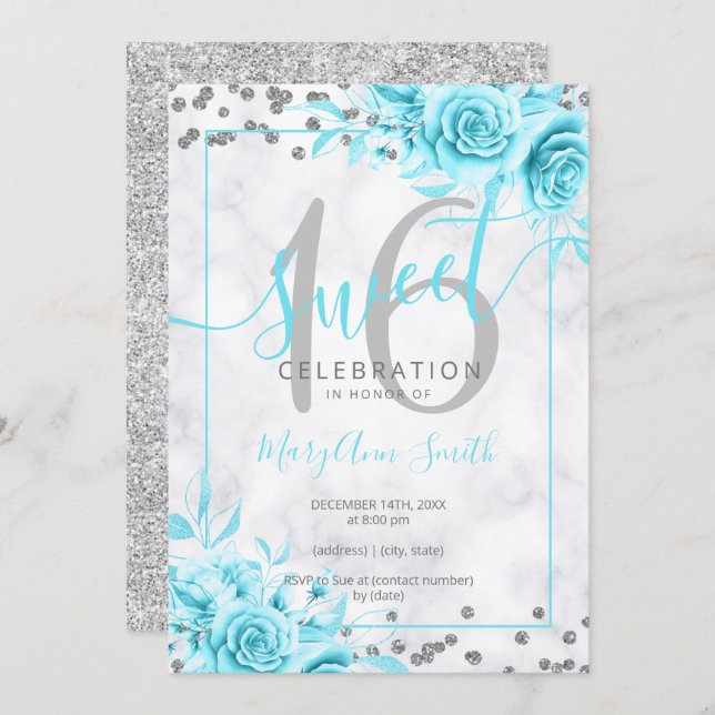 Silver Teal Floral Sweet 16 Marble Glitter   Invitation (Front/Back)