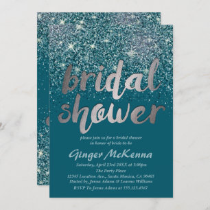 Silver & Teal Glitter Bridal Shower Invitations